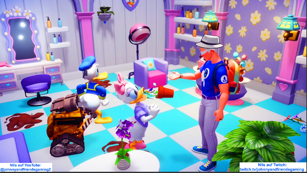 Donald Duck und Daisy Duck und Nils Sistorian in Daisys Haus. Szene aus dem Computerspiel Disney Dreamlight Valley 2024